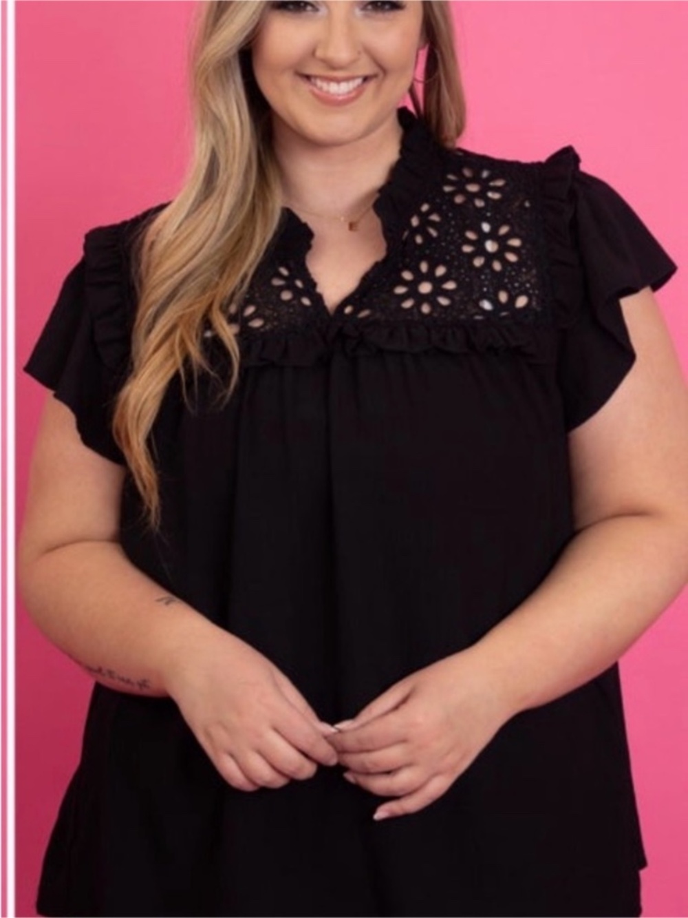 NWT Oddi Ruffled Crochet Yoke Cap Sleeve Blouse - Black Small